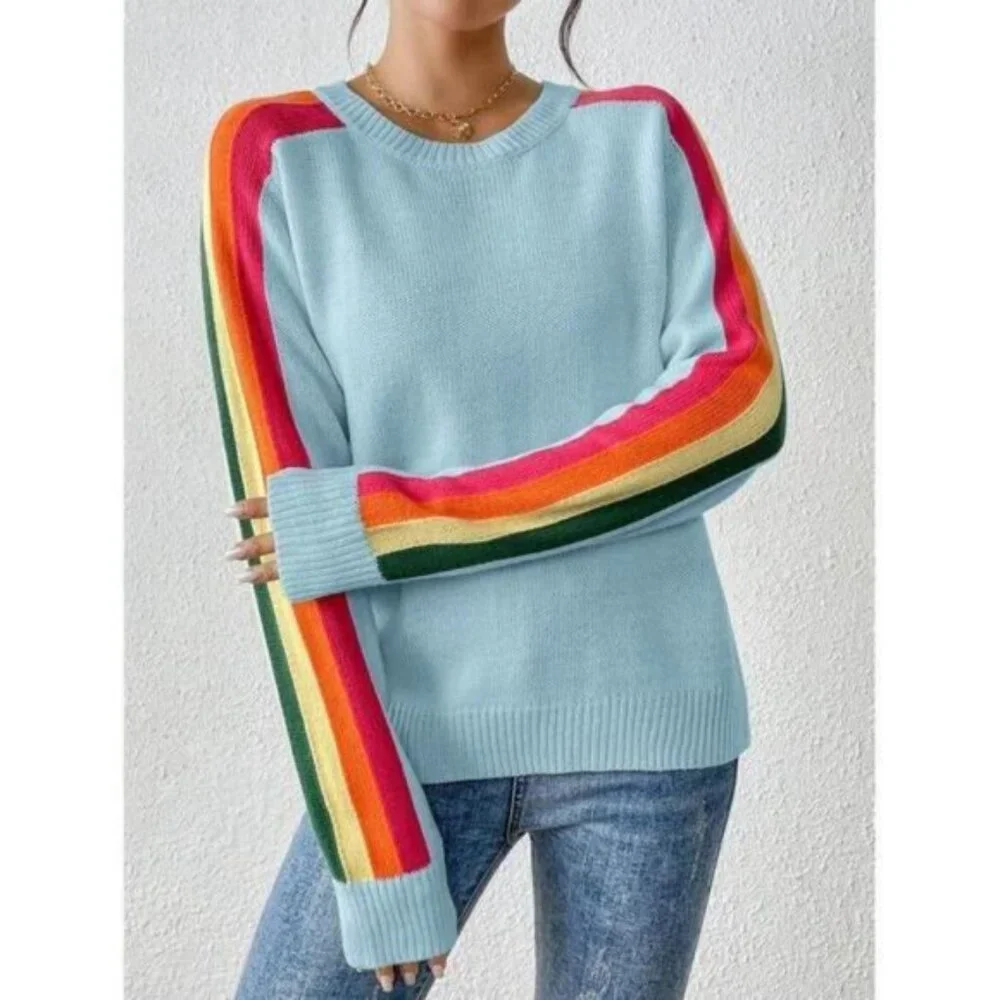 Women's Colorful Rainbow Striped Casual Crewneck Sweater Long-SleeveTops - Picture 4 of 6